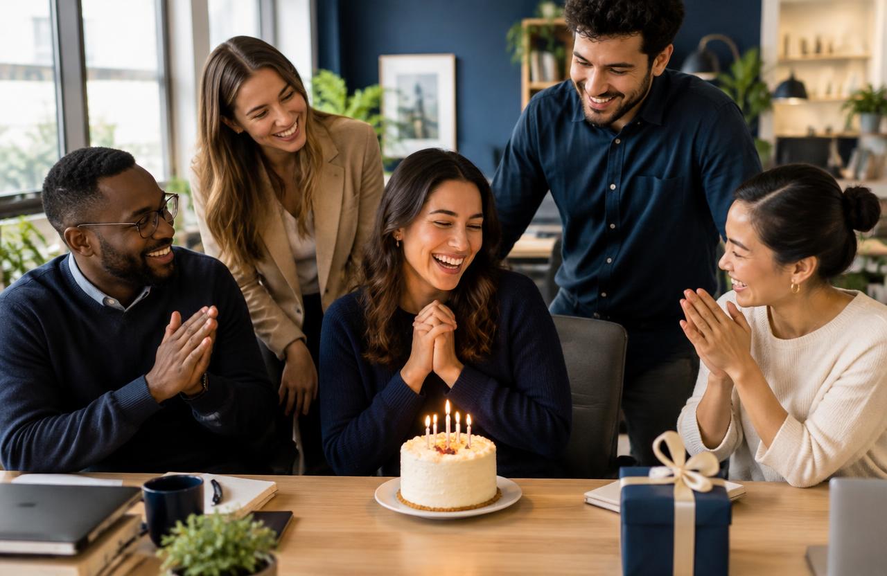 A small business team celebrating a coworker's birthday